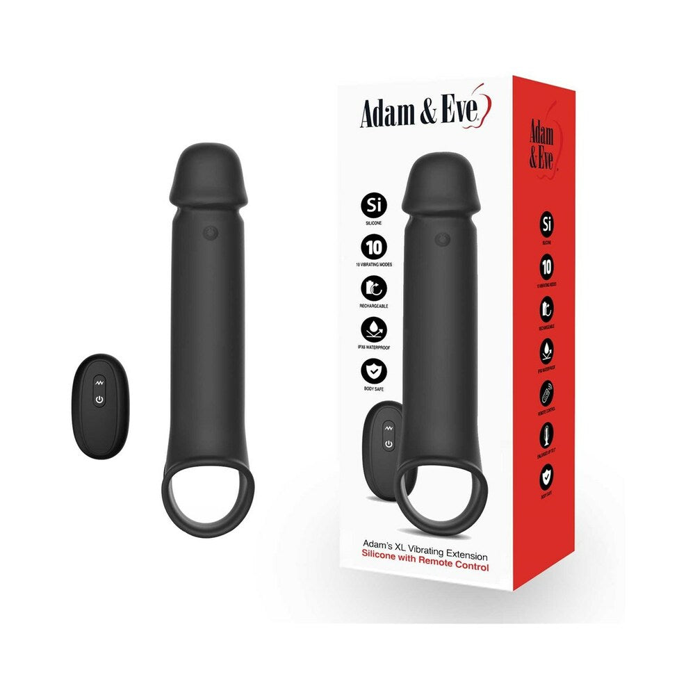 Adam & Eve Adams XL Vibrating Extension with Remote Control next to its packaging, highlighting its features and design.