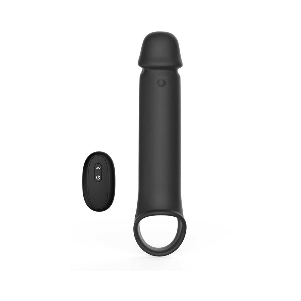 Adam & Eve Adams XL Vibrating Extension with Remote Control next to its wireless remote control.