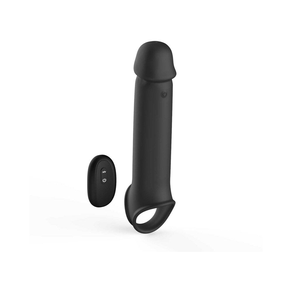 Adam & Eve Adams XL Vibrating Extension with Remote Control next to its remote in black.