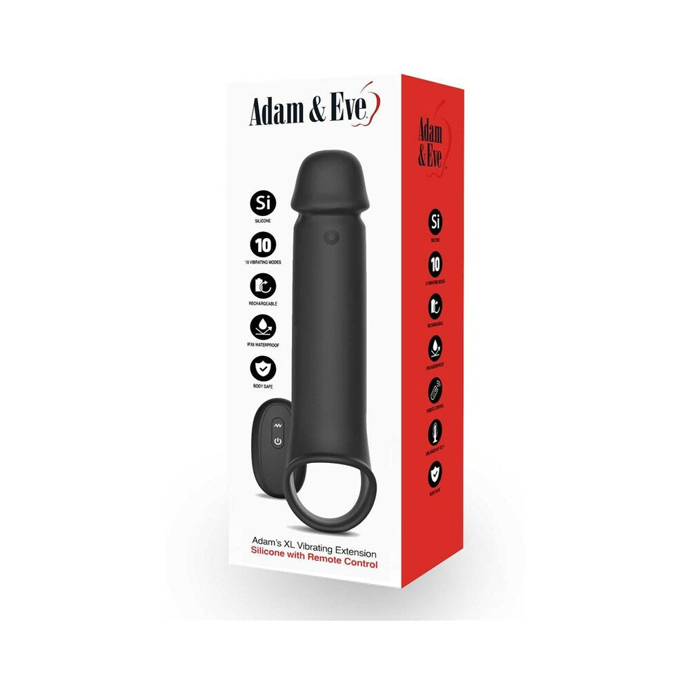 Adam & Eve Adams XL Vibrating Extension with Remote Control packaging featuring sleek design and remote control feature.
