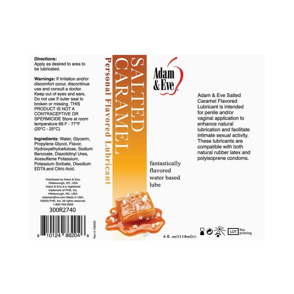 Adam & Eve Flavored Lubricant Salted Caramel 4 Oz product label showcasing flavor and ingredients for enhanced intimacy.