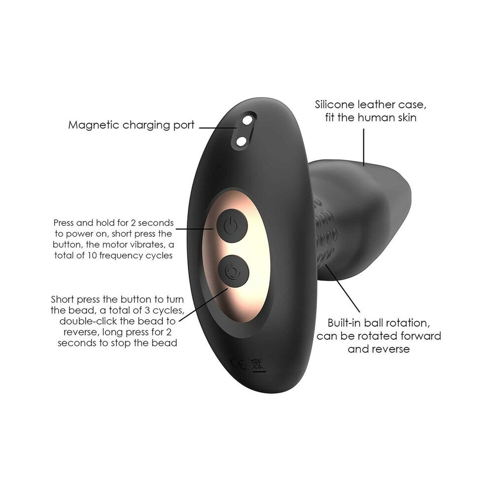 Adam & Eve Carl Jr Vibrating & Rimming Plug features, including magnetic charging and control buttons.