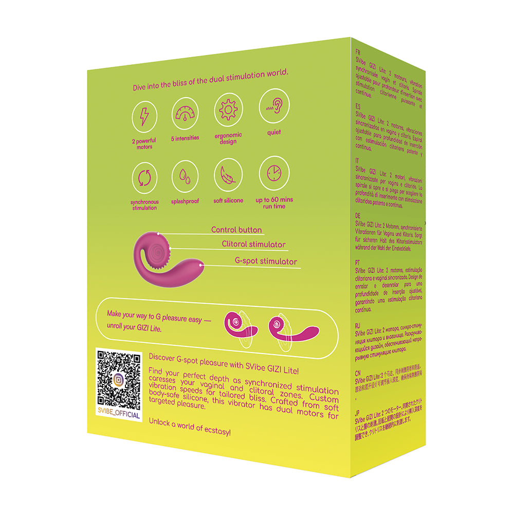 SVibe Snail Gizi Lite Dual G-spot Vibrator Sweet Dragonfruit packaging with features and instructions.