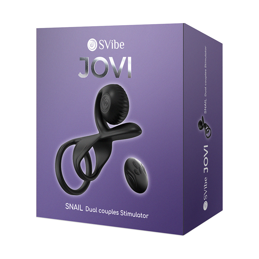 SVibe Snail Jovi Dual Couples Ring Stimulator Black packaging showcasing ergonomic design for enhanced intimacy.