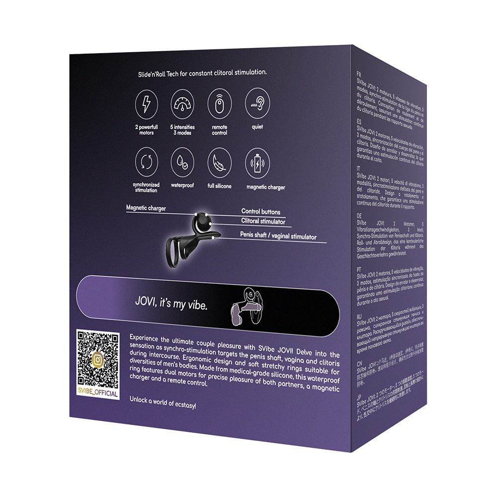 SVibe Snail Jovi Dual Couples Ring Stimulator Black packaging showcasing features and usage details.
