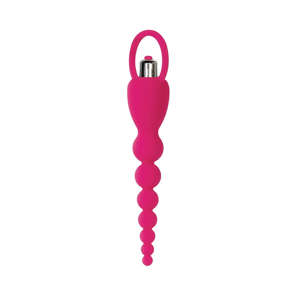 Adam & Eve Booty Bliss Vibrating Beads in pink, featuring tapered and rounded beads for comfortable stimulation.