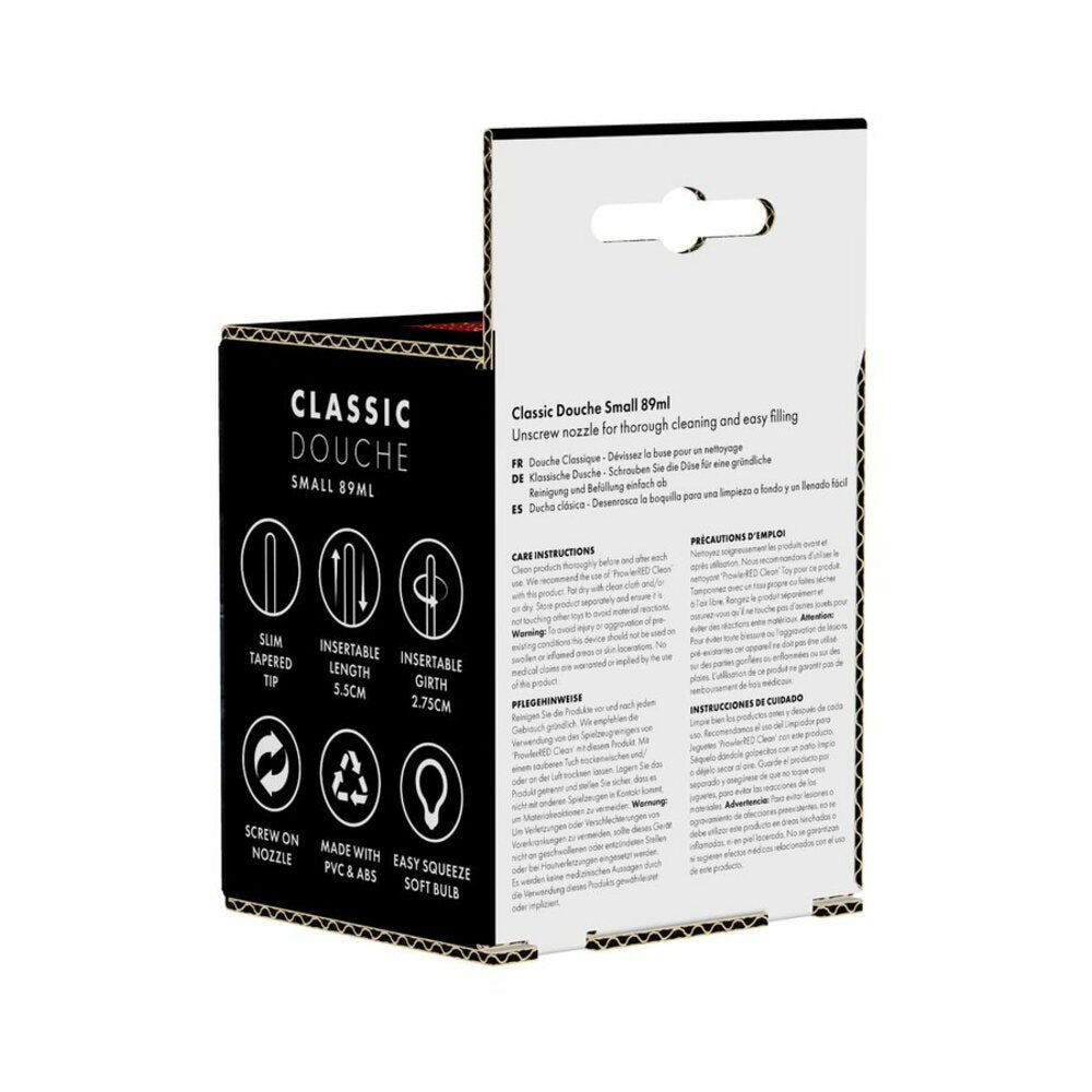 Product packaging for Prowler RED Small Bulb Douche Black, featuring user instructions and product details.