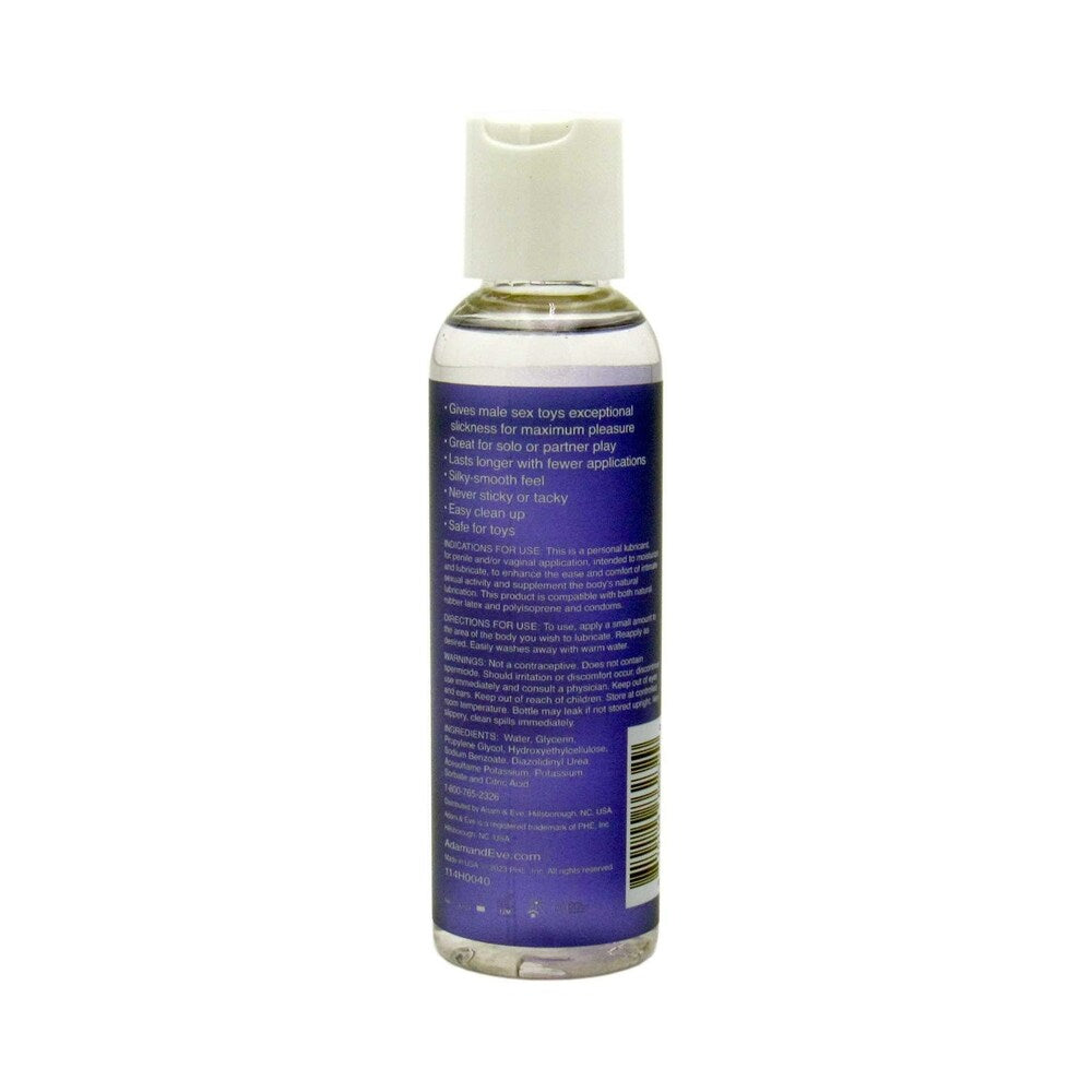 Adam & Eve Masturbator Lubricant 4 Oz bottle back view with instructions for use and benefits.