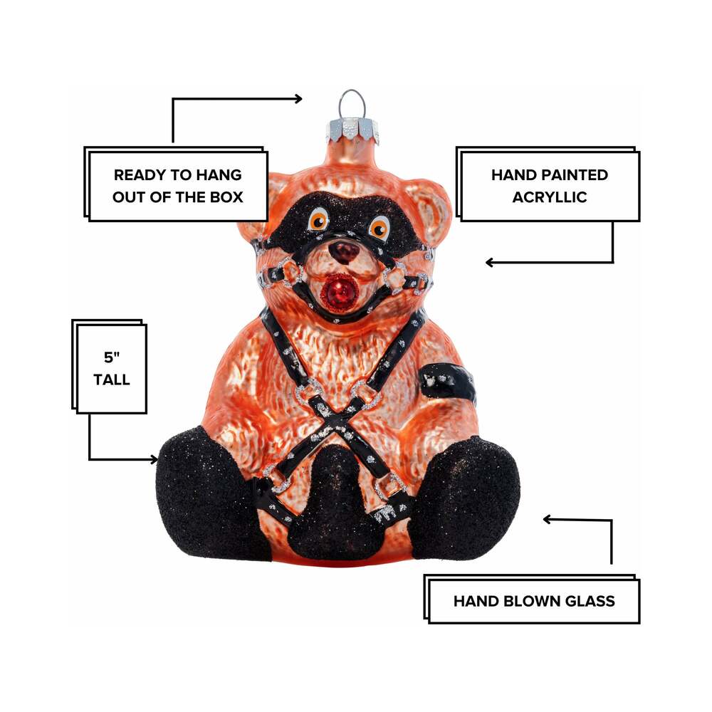 Cheeky Pornament Ready Teddy Glass Christmas Ornament detailed view, showcasing the unique bear design and materials.