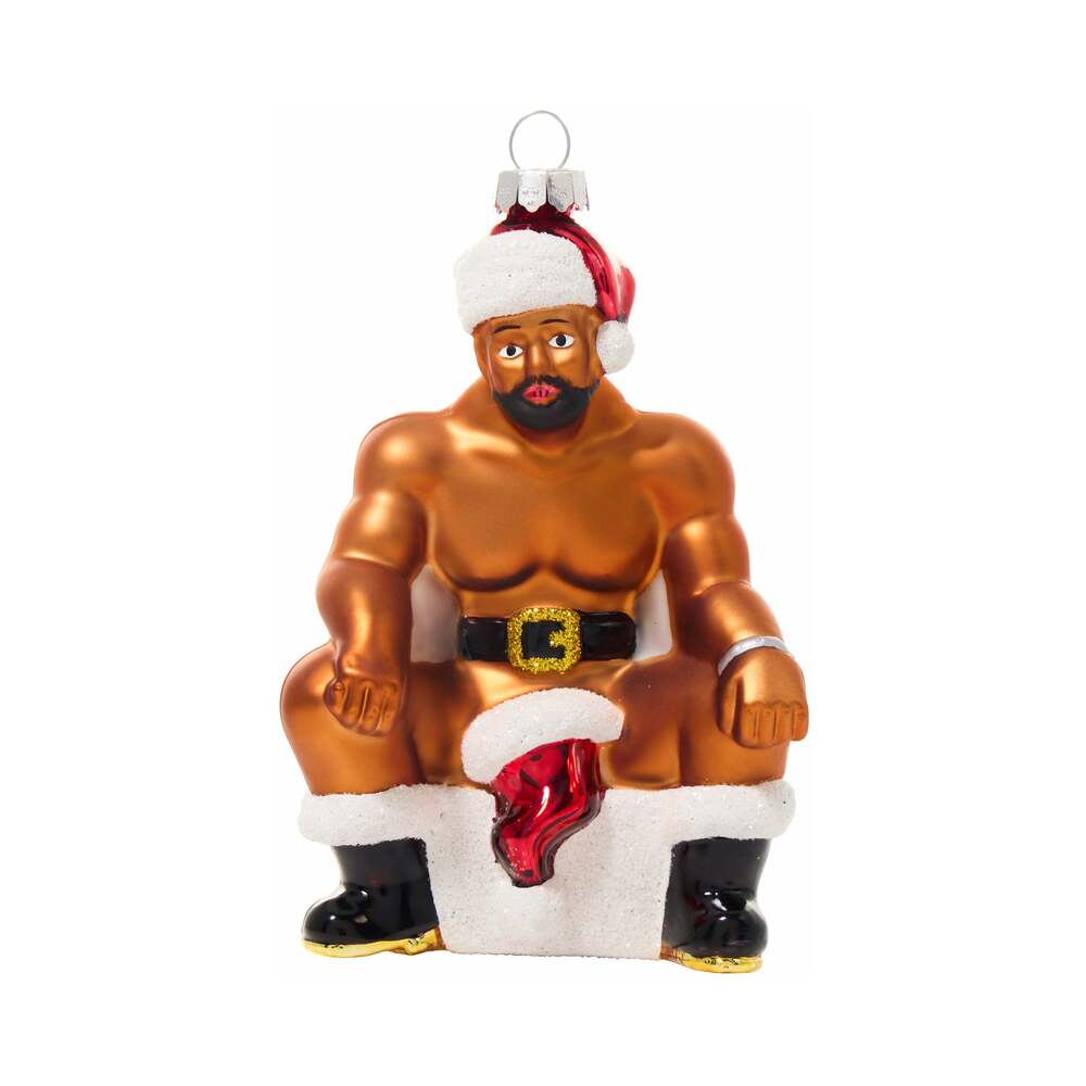 Cheeky Pornament Boss Hog Glass Christmas Ornament depicting a playful holiday design with a humorous character.