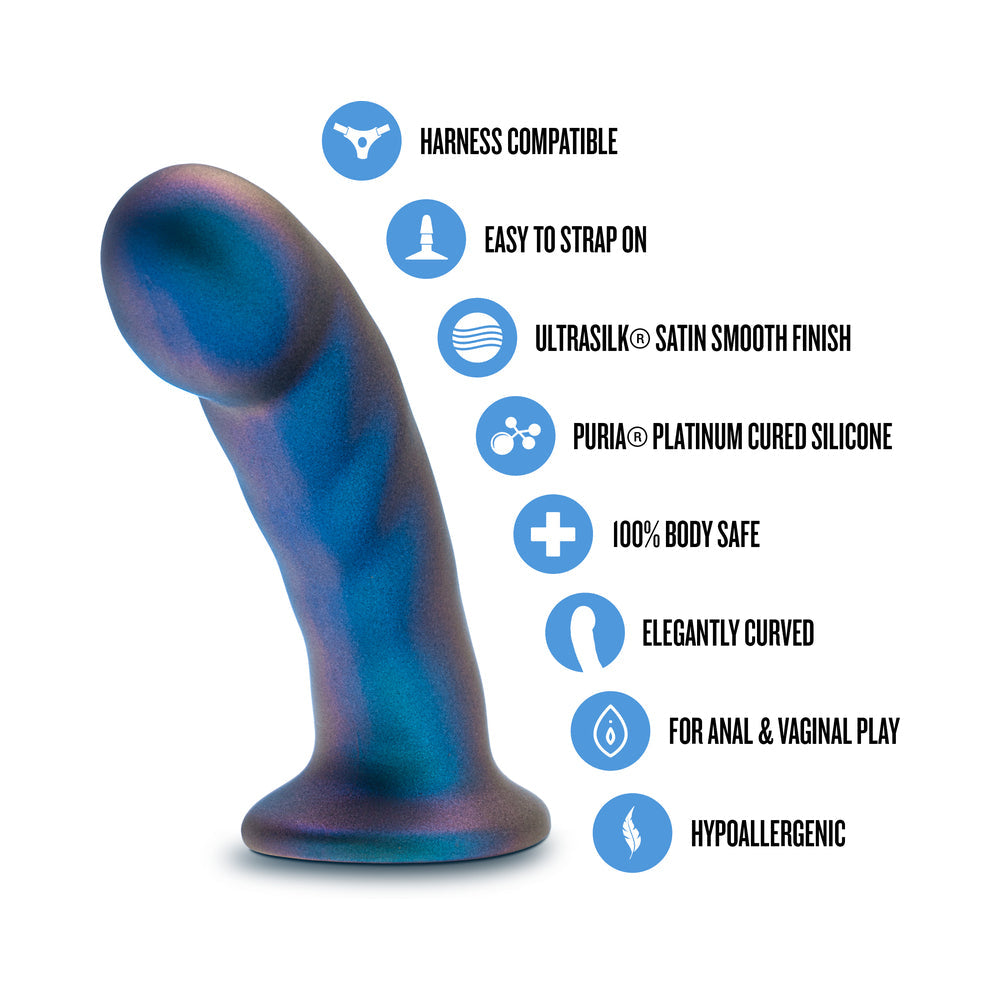 Temptasia Rebellion Peg Silicone Dildo Blue features, including harness compatibility and body-safe material.