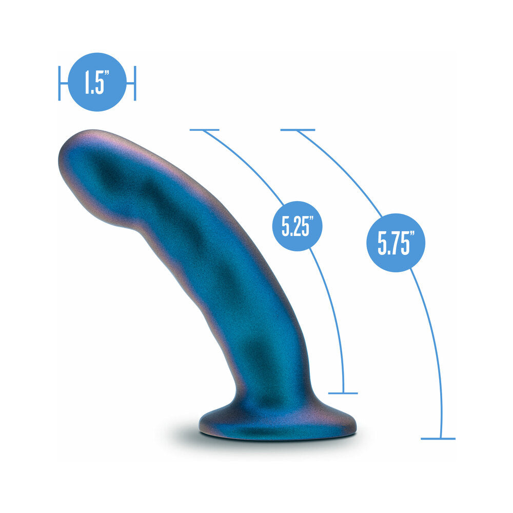 Temptasia Rebellion Peg Silicone Dildo Blue showing dimensions of 1.5 inches wide, 5.25 inches and 5.75 inches in height.