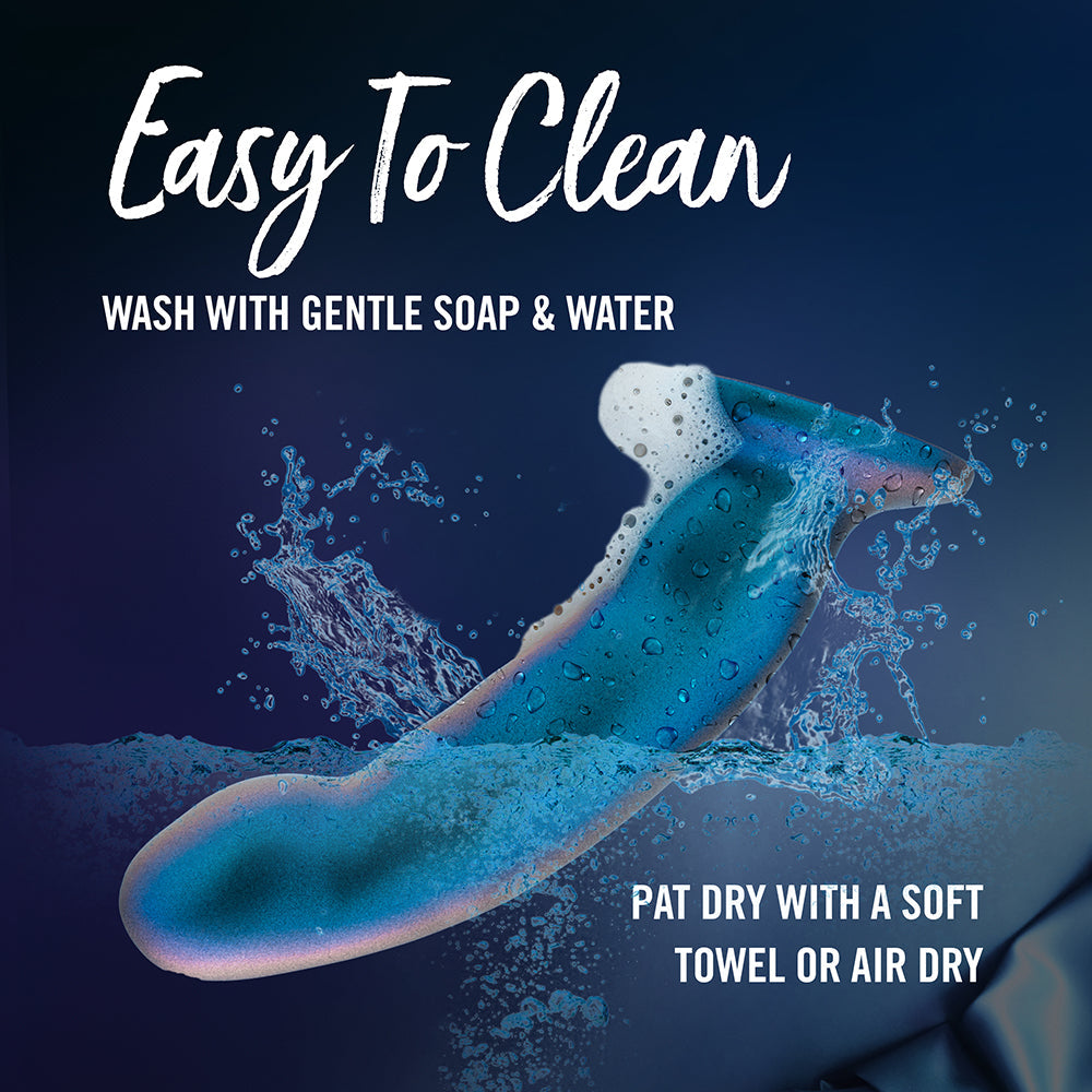 Easy to clean Temptasia Rebellion Peg Silicone Dildo Blue, wash with gentle soap and water, pat dry with a soft towel.