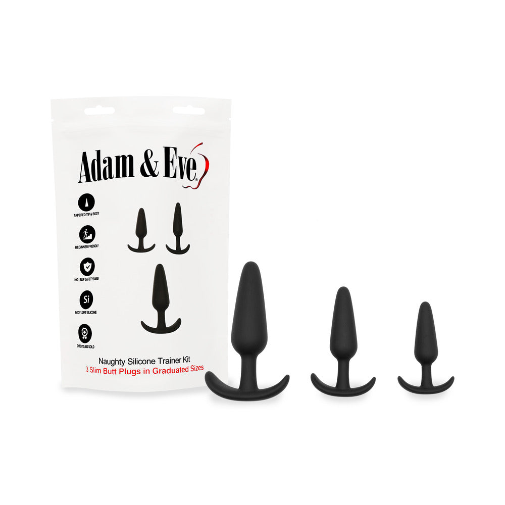 Adam & Eve Naughty Silicone Anal Trainer Kit Black with three graduated butt plugs in a sleek design.