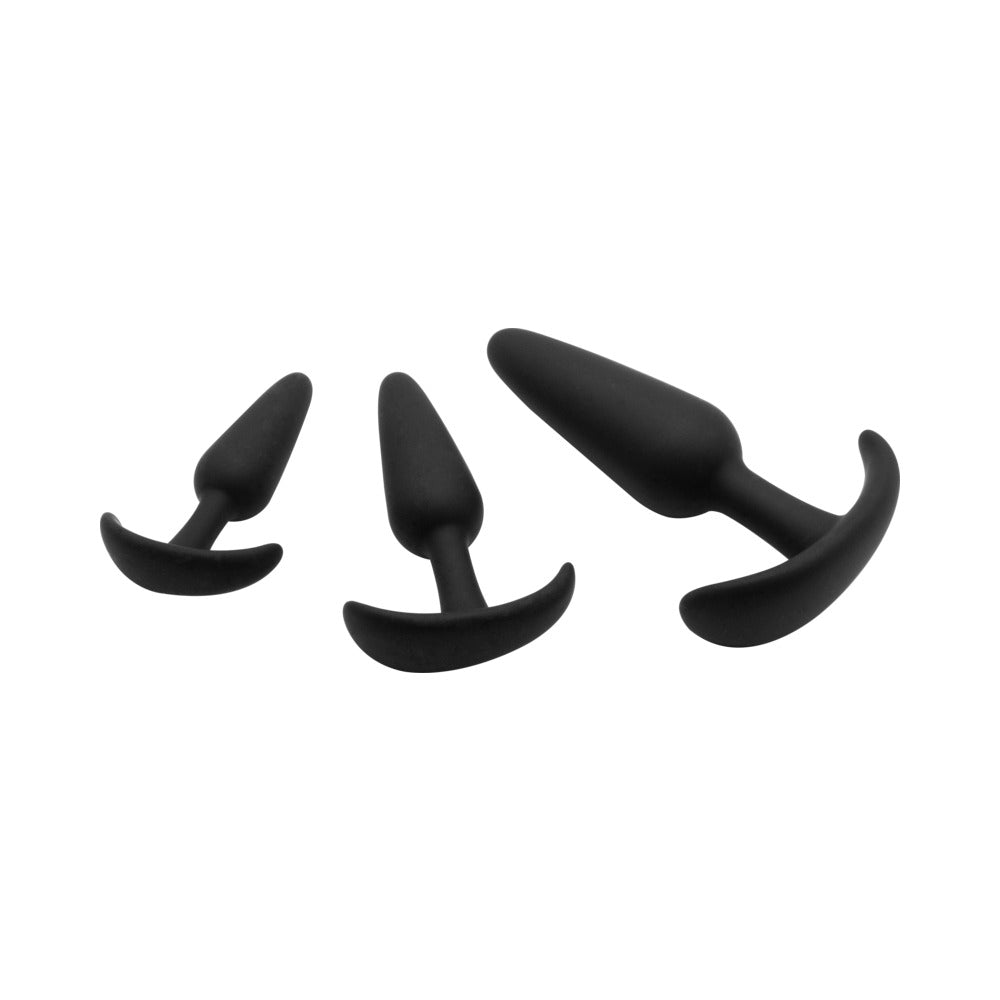 Adam & Eve Naughty Silicone Anal Trainer Kit Black featuring three graduated black butt plugs.