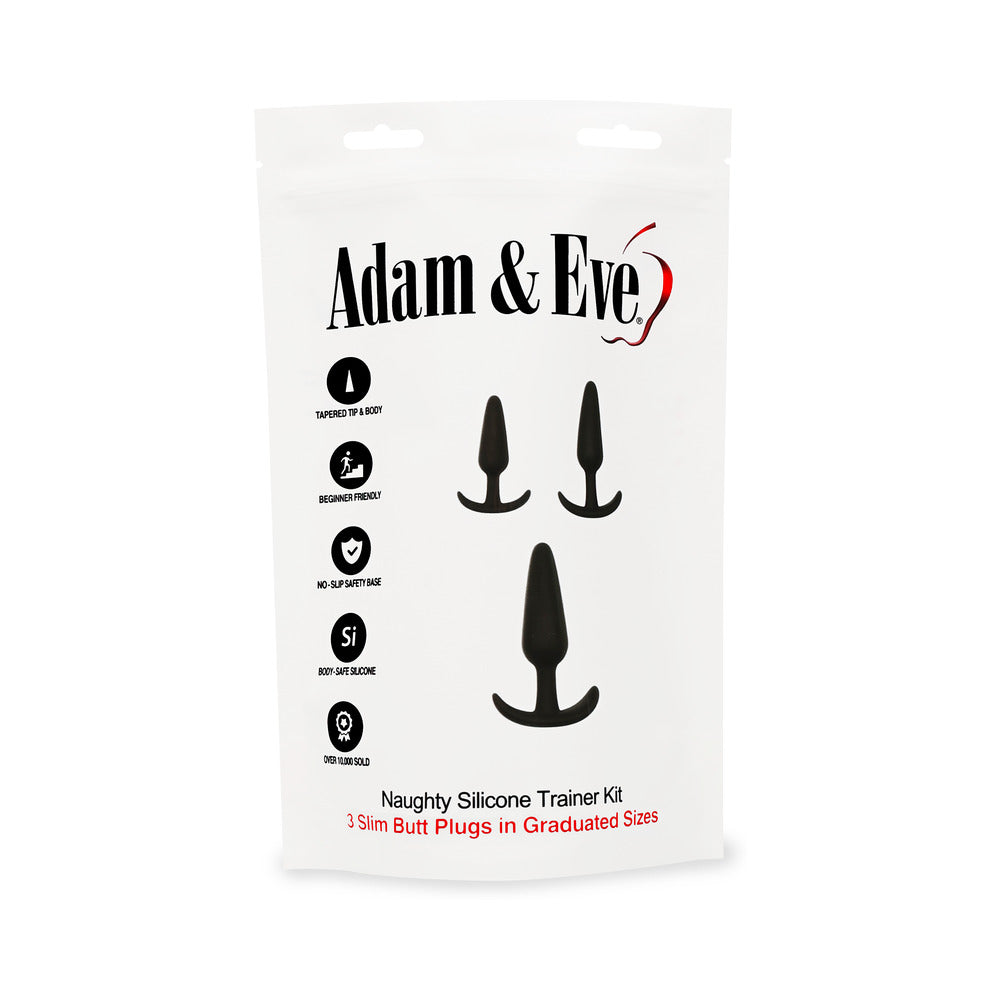 Adam & Eve Naughty Silicone Anal Trainer Kit Black packaging featuring three graduated butt plugs.
