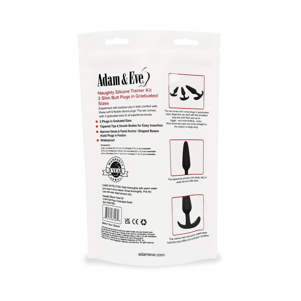 Adam & Eve Naughty Silicone Anal Trainer Kit Black packaging with three graduated butt plugs for exploration.