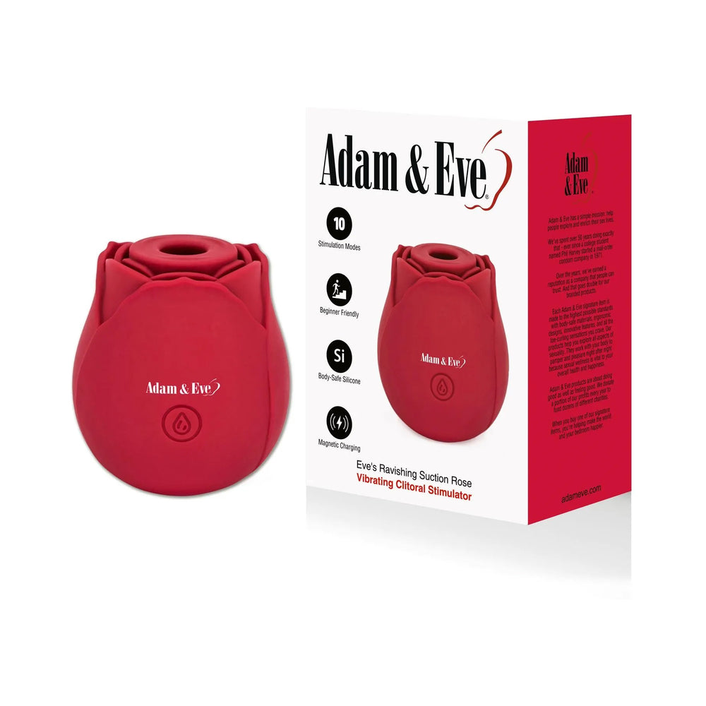 Adam & Eve Eves Ravishing Suction Rose clitoral stimulator in a rose design with packaging, showcasing its features and design.