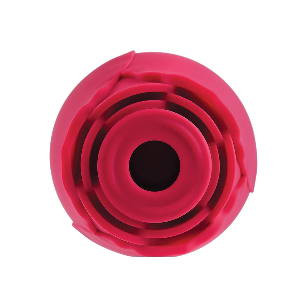 Top view of the Adam & Eve Eves Ravishing Suction Rose, a pink consult clitoral stimulator with intricate design.