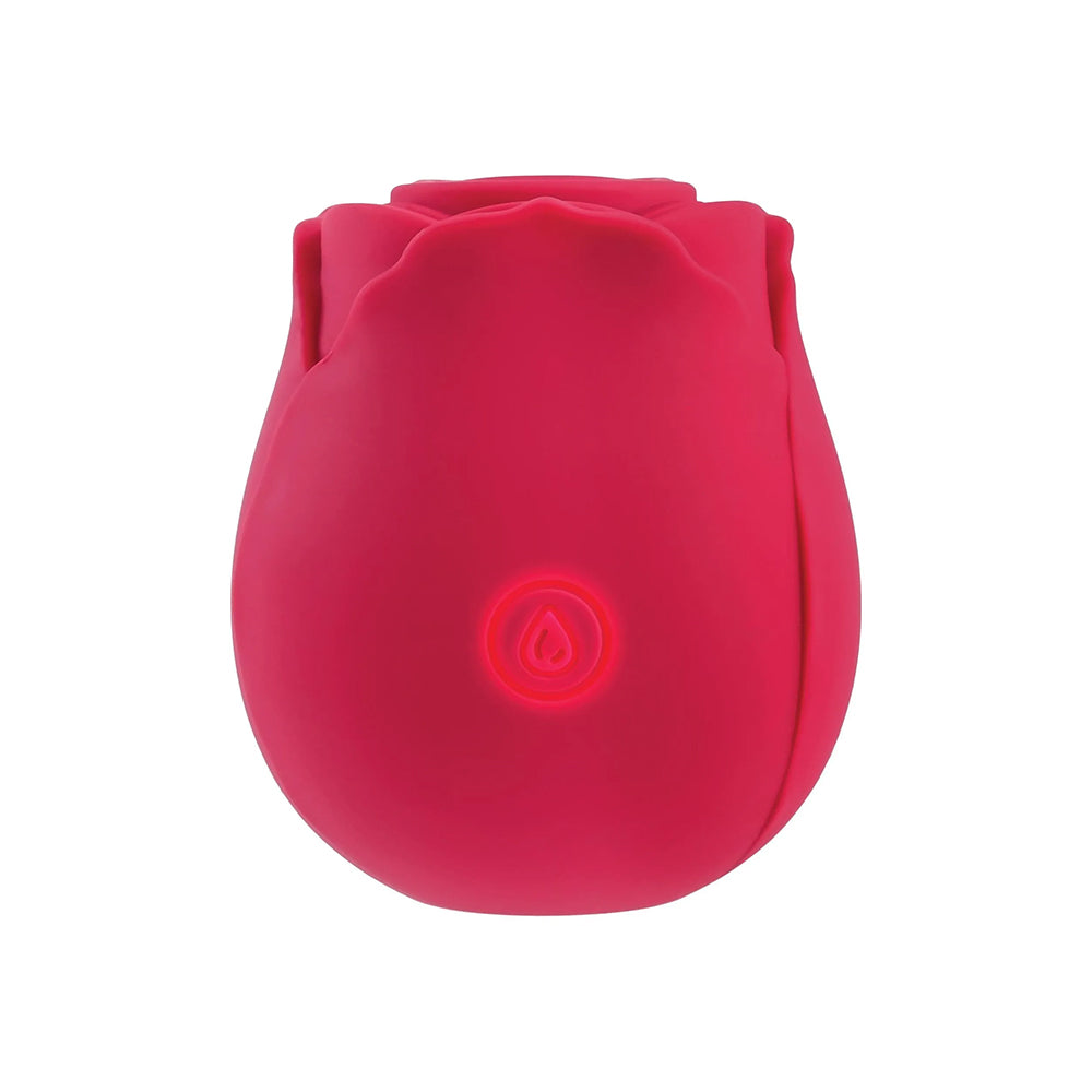 Adam & Eve Eves Ravishing Suction Rose, a pink silicone clitoral stimulator with a rose design and glowing control button.