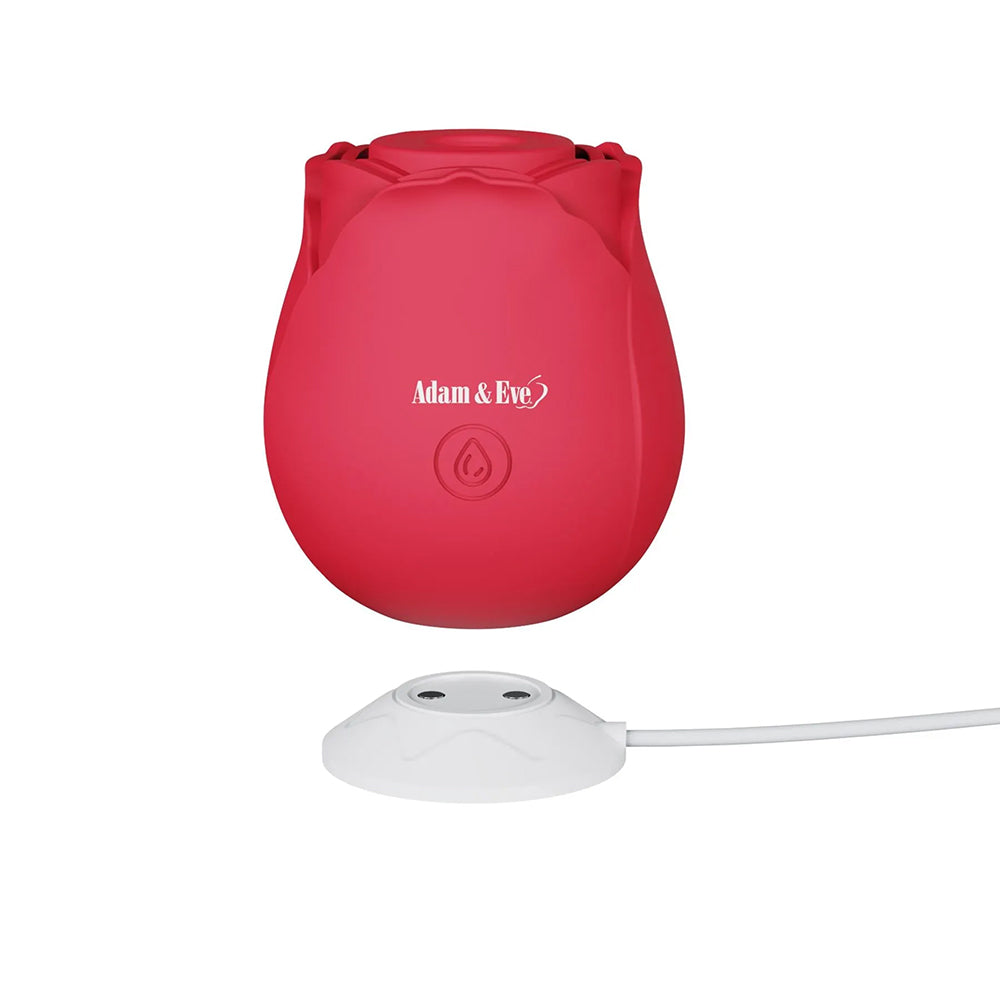 Adam & Eve Eves Ravishing Suction Rose in red silicone with charging dock, designed for clitoral stimulation and pleasure.