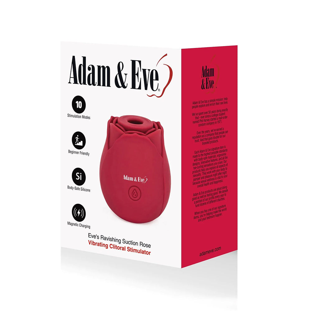 Adam & Eve Eves Ravishing Suction Rose packaging featuring clitoral stimulator with 10 stimulation modes.