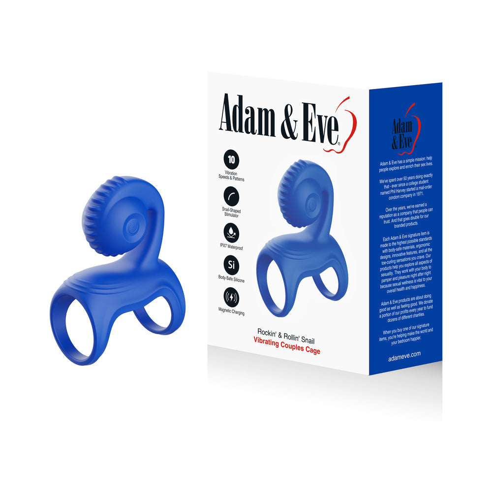 Adam & Eve Snail Vibrating Couples Cage Blue on display with packaging showcasing innovative design and features.