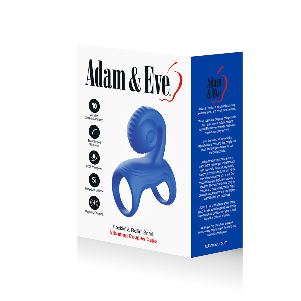 Adam & Eve Snail Vibrating Couples Cage Blue packaging featuring a soft silicone design for couples.