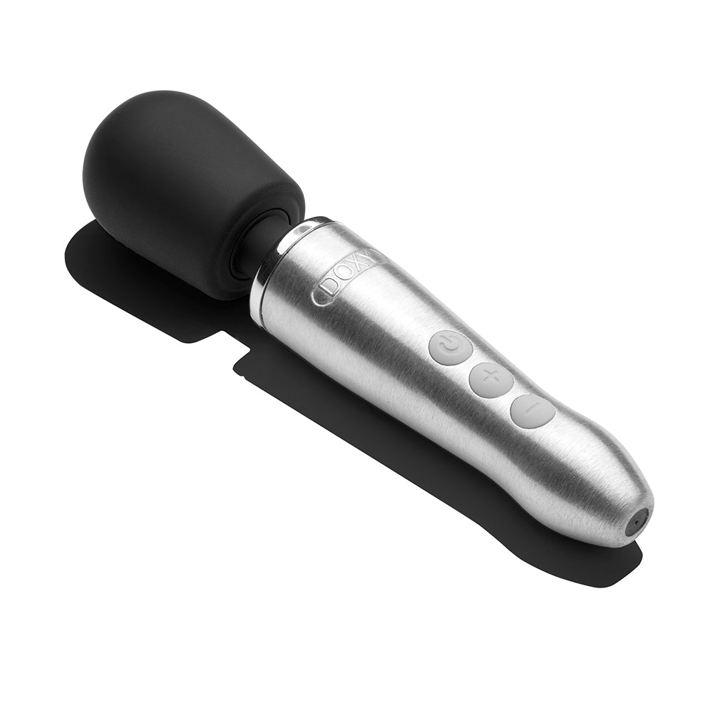 Doxy Go Travel-sized Wand Massager Silver showing sleek design and buttons for powerful pleasure.