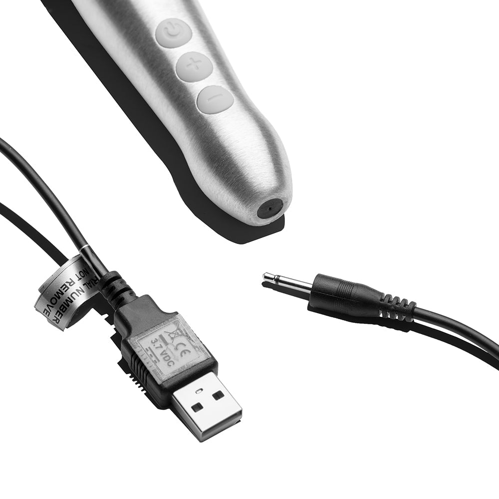 Doxy Go Travel-sized Wand Massager Silver with USB charging cable and plug detail.