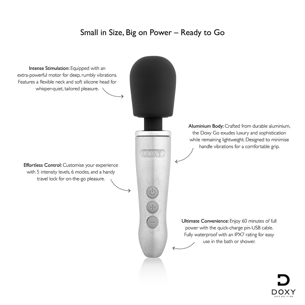 Doxy Go Travel-sized Wand Massager Silver features intense stimulation, aluminum body, and effortless control for travel convenience.