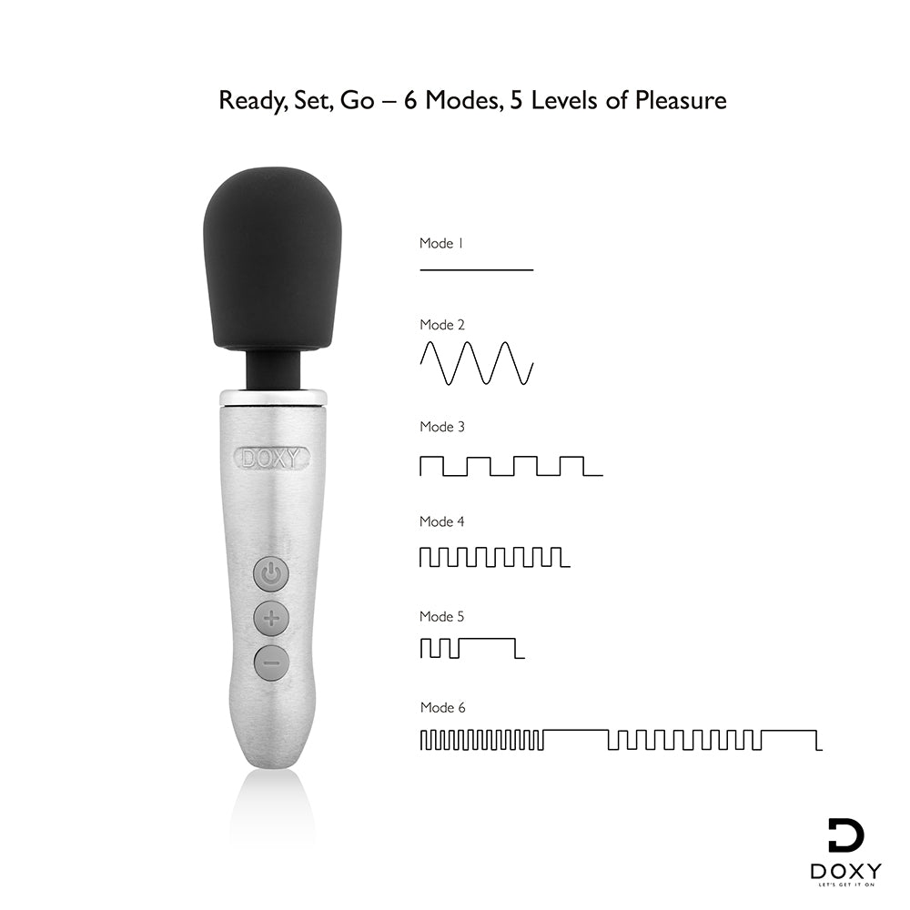 Doxy Go Travel-sized Wand Massager Silver showcasing 6 modes and 5 levels of pleasure for ultimate relaxation.