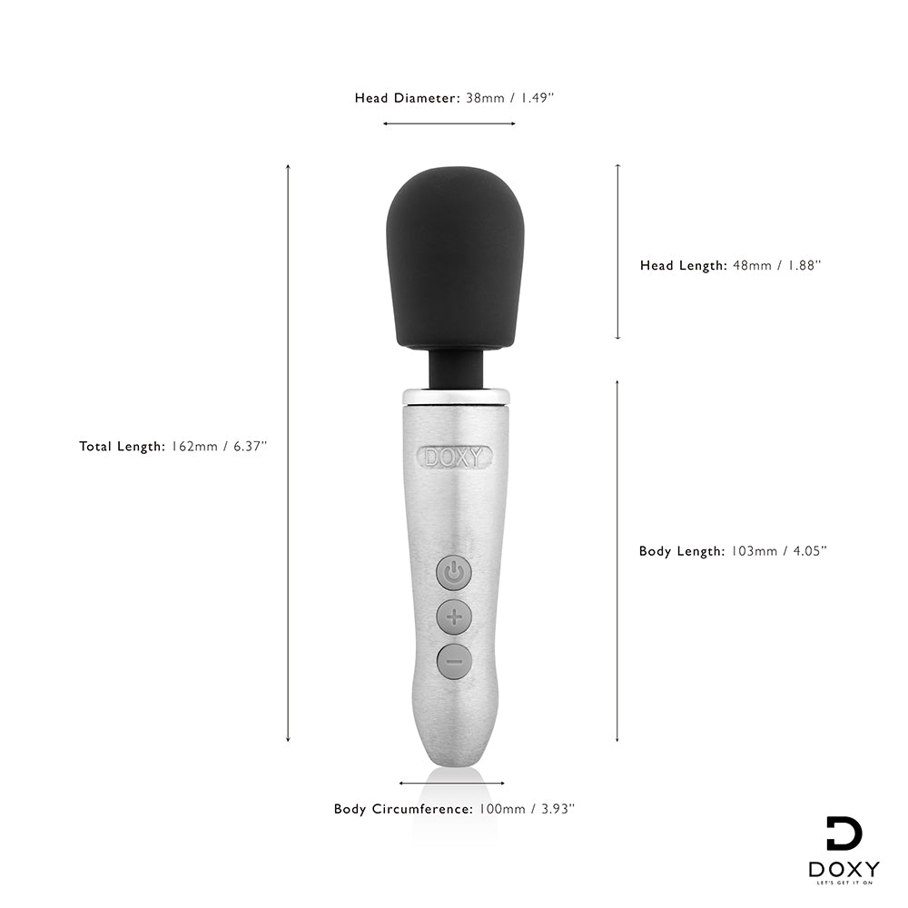 Doxy Go Travel-sized Wand Massager Silver dimensions and specifications for optimal pleasure and travel convenience.