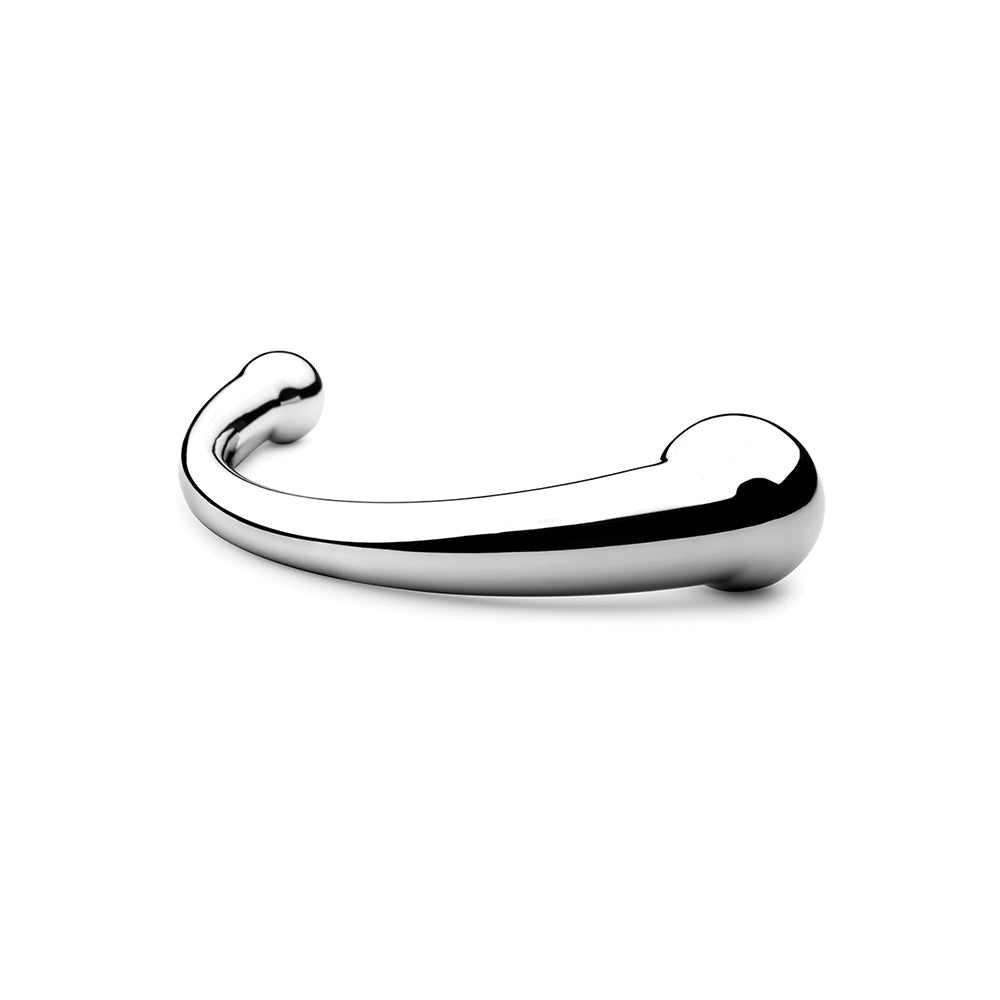 njoy Pure Wand Stainless Steel massager with a polished ergonomic curve and dual tapered ends for targeted stimulation.