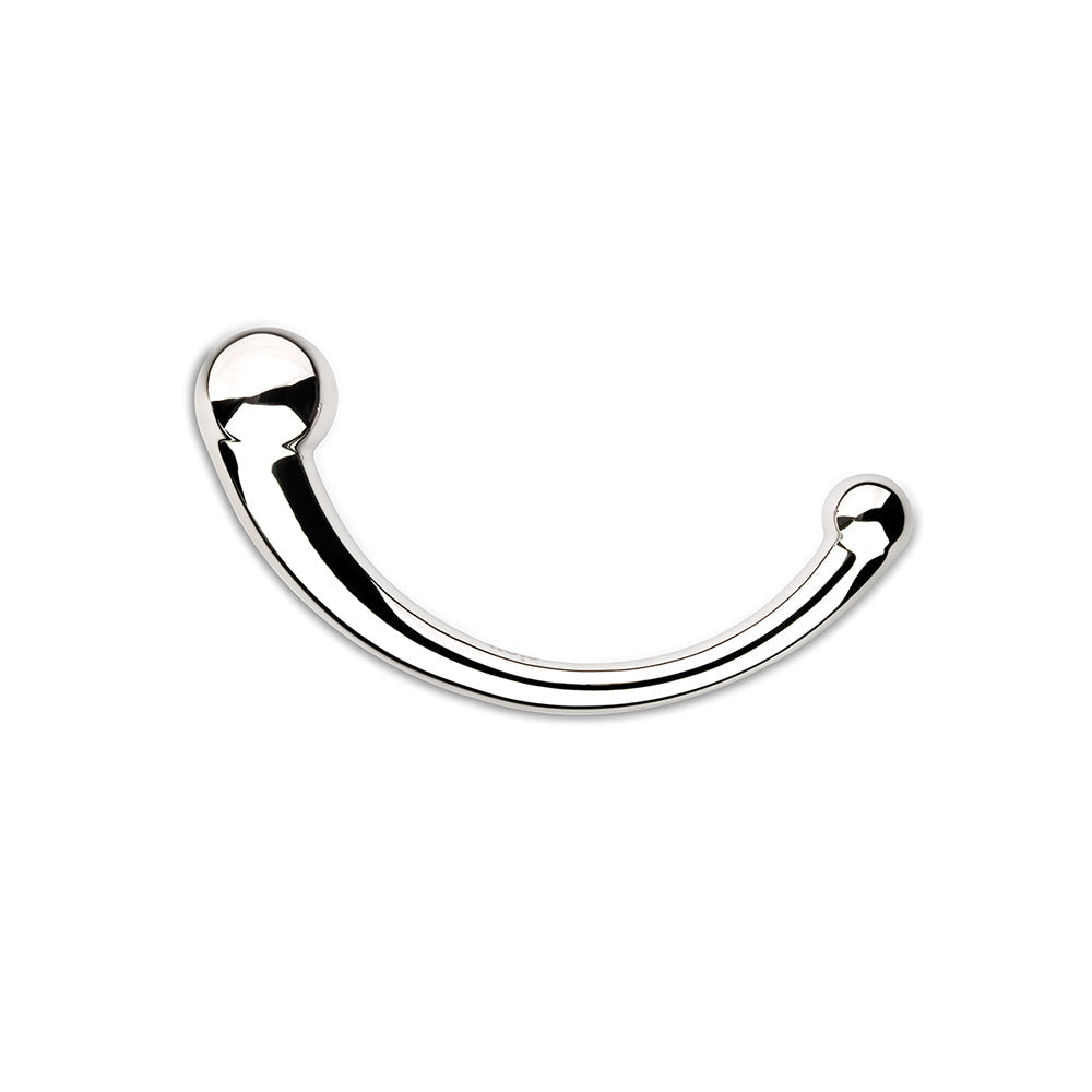 njoy Pure Wand Stainless Steel curved massager featuring dual tapered ends and polished finish.