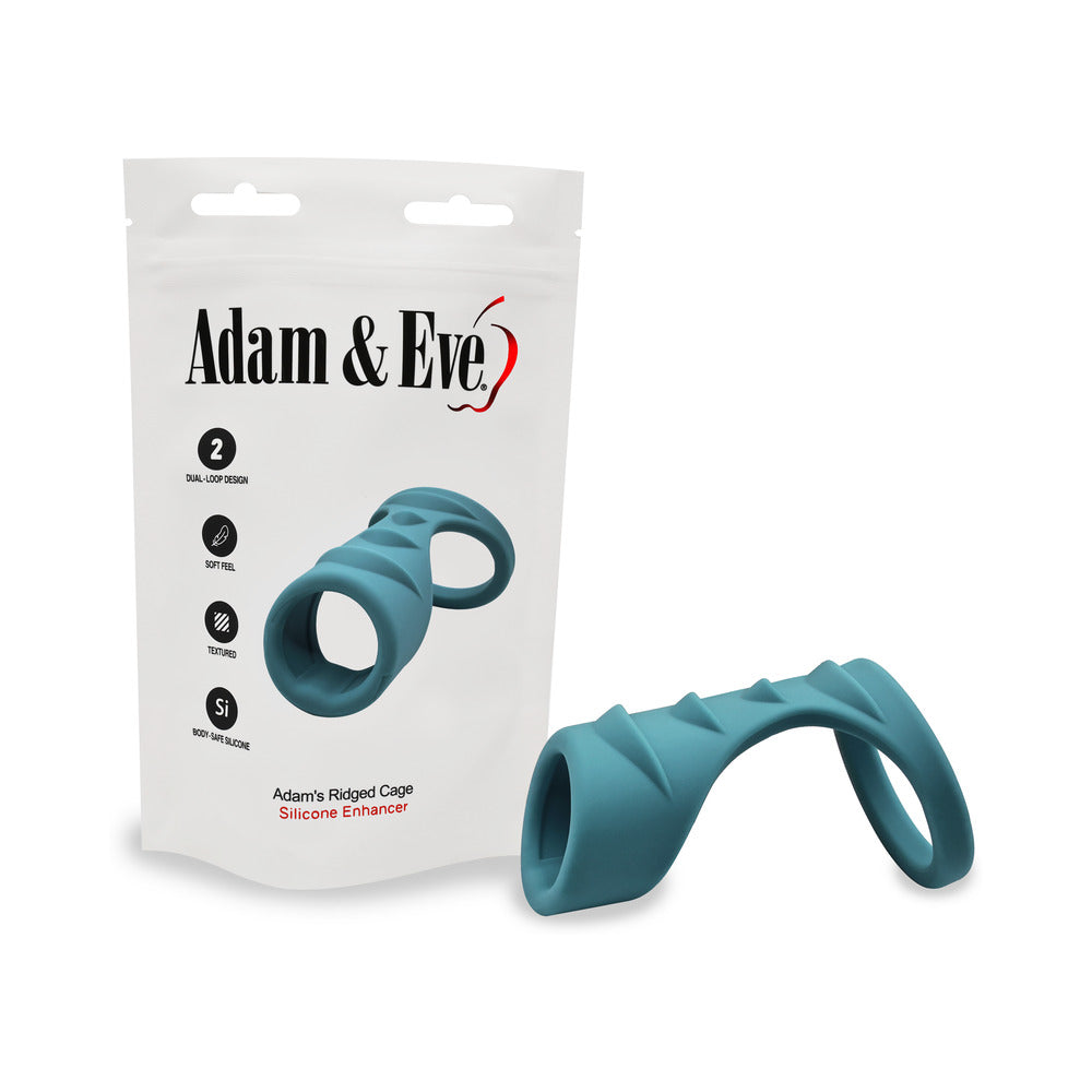 Adam & Eve Adams Ridged Penis Cage displayed with packaging, a silicone dual-loop erection enhancer.