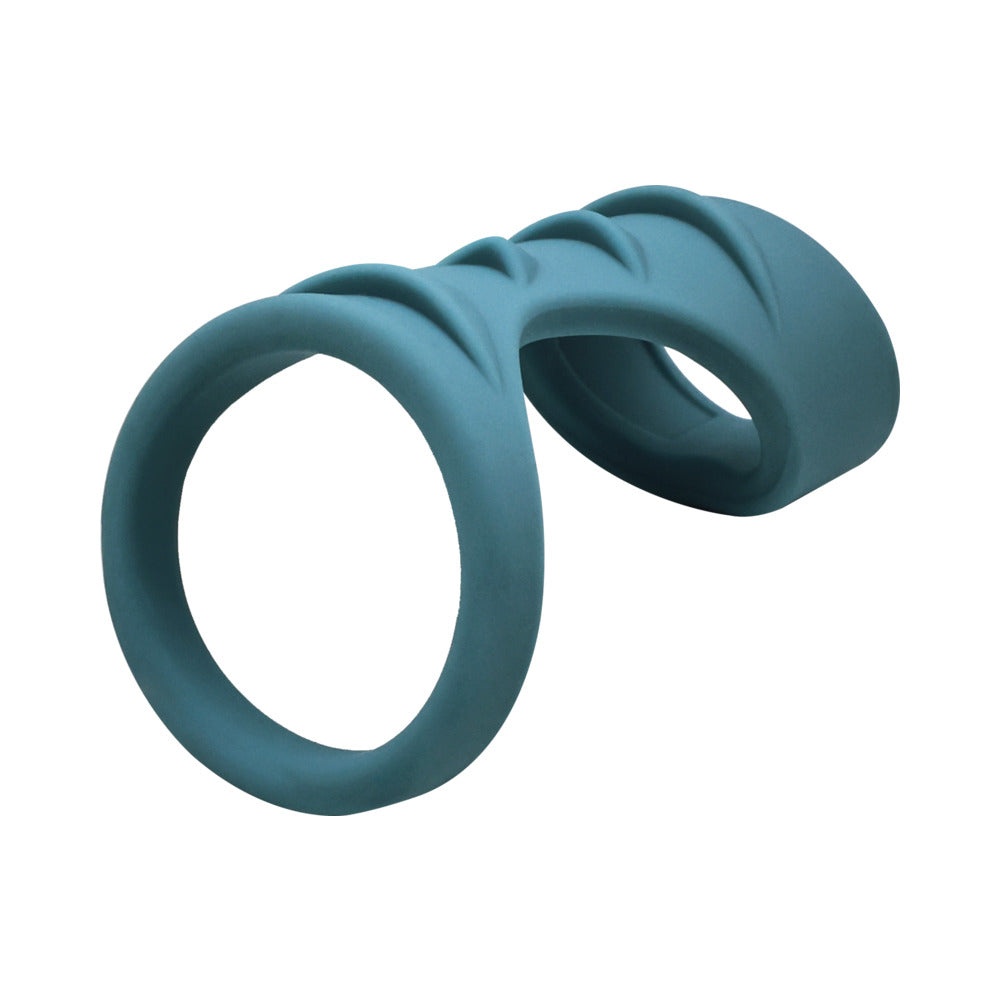 Adam & Eve Adams Ridged Penis Cage in teal silicone with textured ridges and dual-loop design for enhanced support.