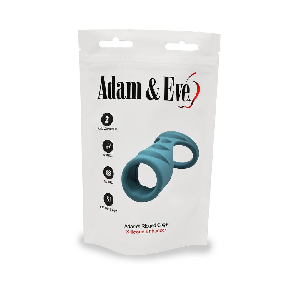 Image of Adam & Eve Adams Ridged Penis Cage packaging featuring a dual-loop silicone design for enhanced stimulation.