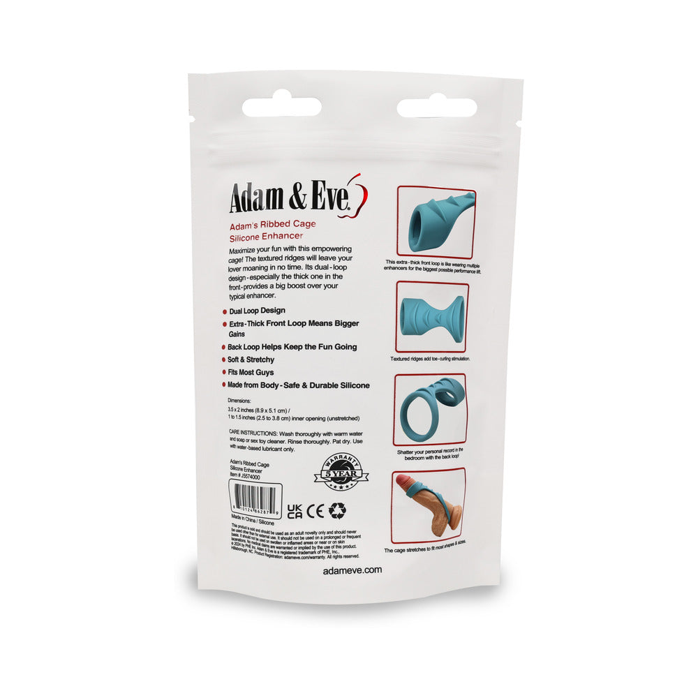 Adam & Eve Adams Ridged Penis Cage packaging with features for enhanced stimulation and comfort.