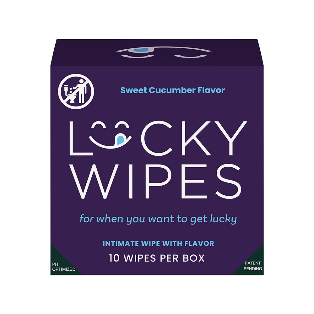 Sweetums Lucky Wipes Cucumber Flavor 10 Pack - Intimate wipes with cucumber scent in a purple box.