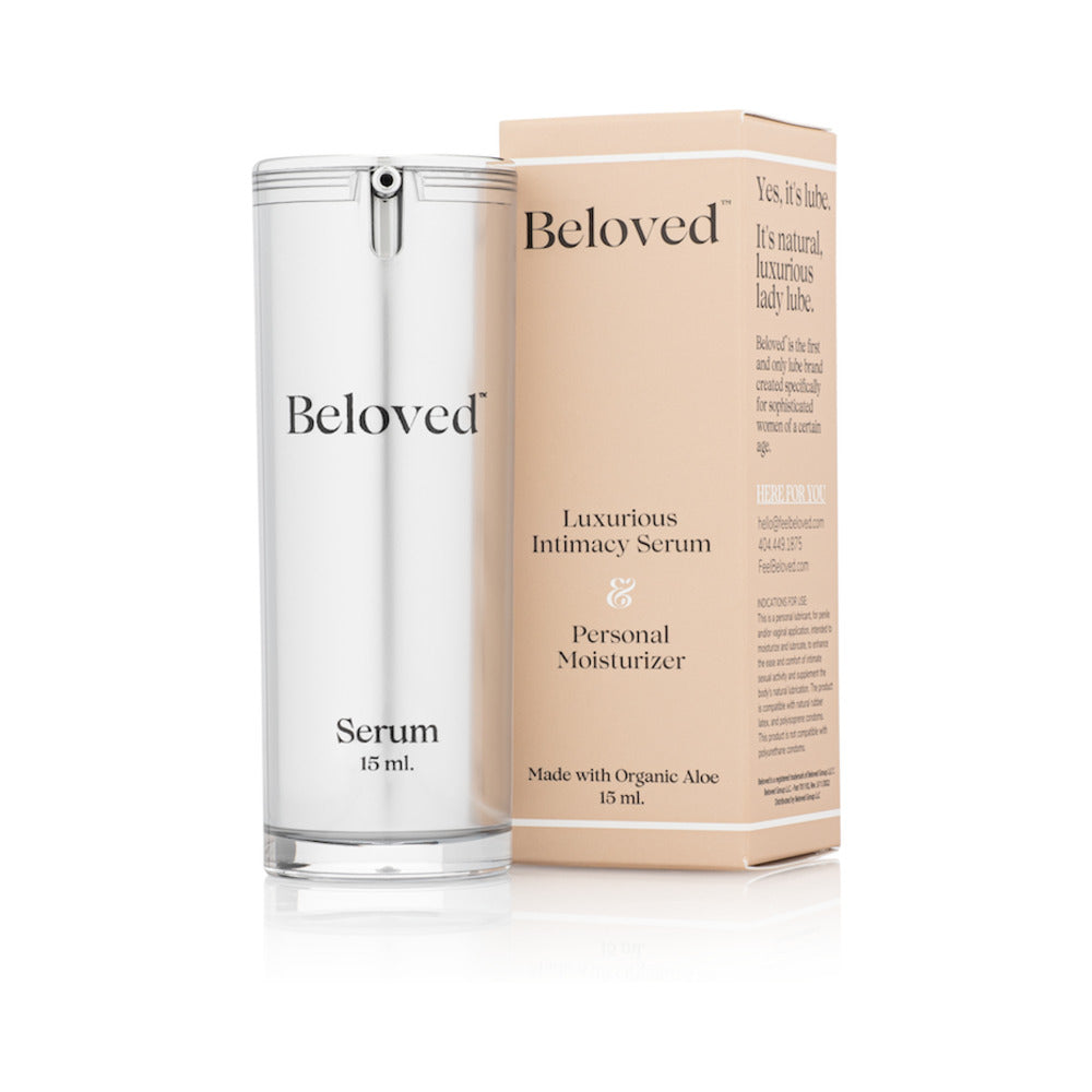 Beloved Intimacy Serum 15 ml in sleek packaging, designed for hydration and intimate care with organic aloe.