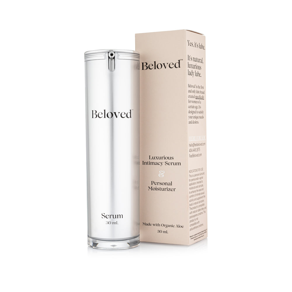 Beloved Intimacy Serum 30 ml in a sleek bottle with a soft beige box, offering hydration and care for intimate areas.