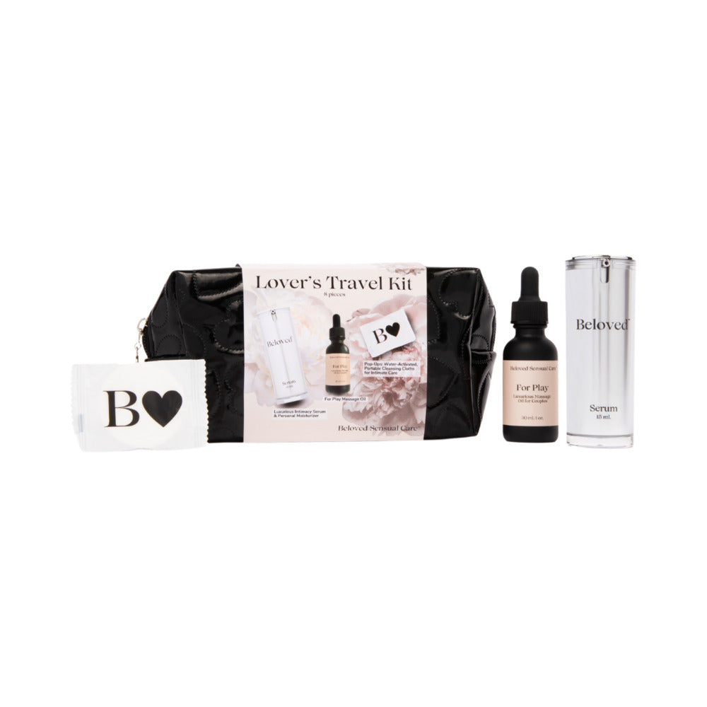 Beloved Lovers Travel Kit featuring travel-sized skincare products in an elegant black pouch.