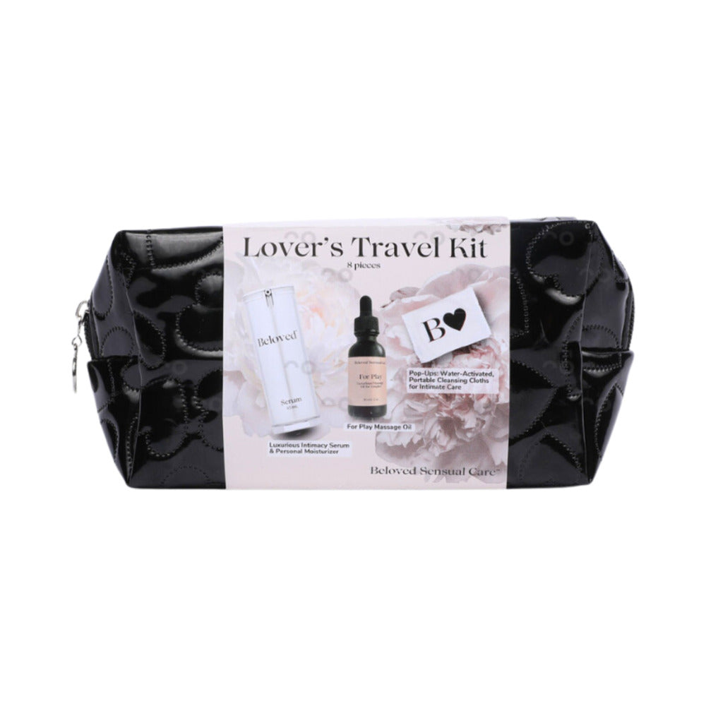 Beloved Lovers Travel Kit in a stylish black pouch featuring essential wellness products for travel and relaxation.