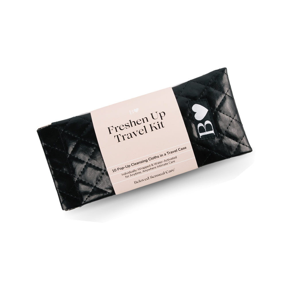 Beloved Freshen Up Travel Kit with a stylish black travel case and cleansing cloths for on-the-go hygiene.