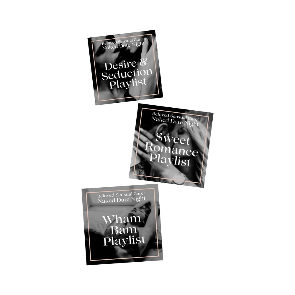 Beloved Get Naked Date Night Gift Set playlists featuring Desire & Seduction, Sweet Romance, and Wham Bam.