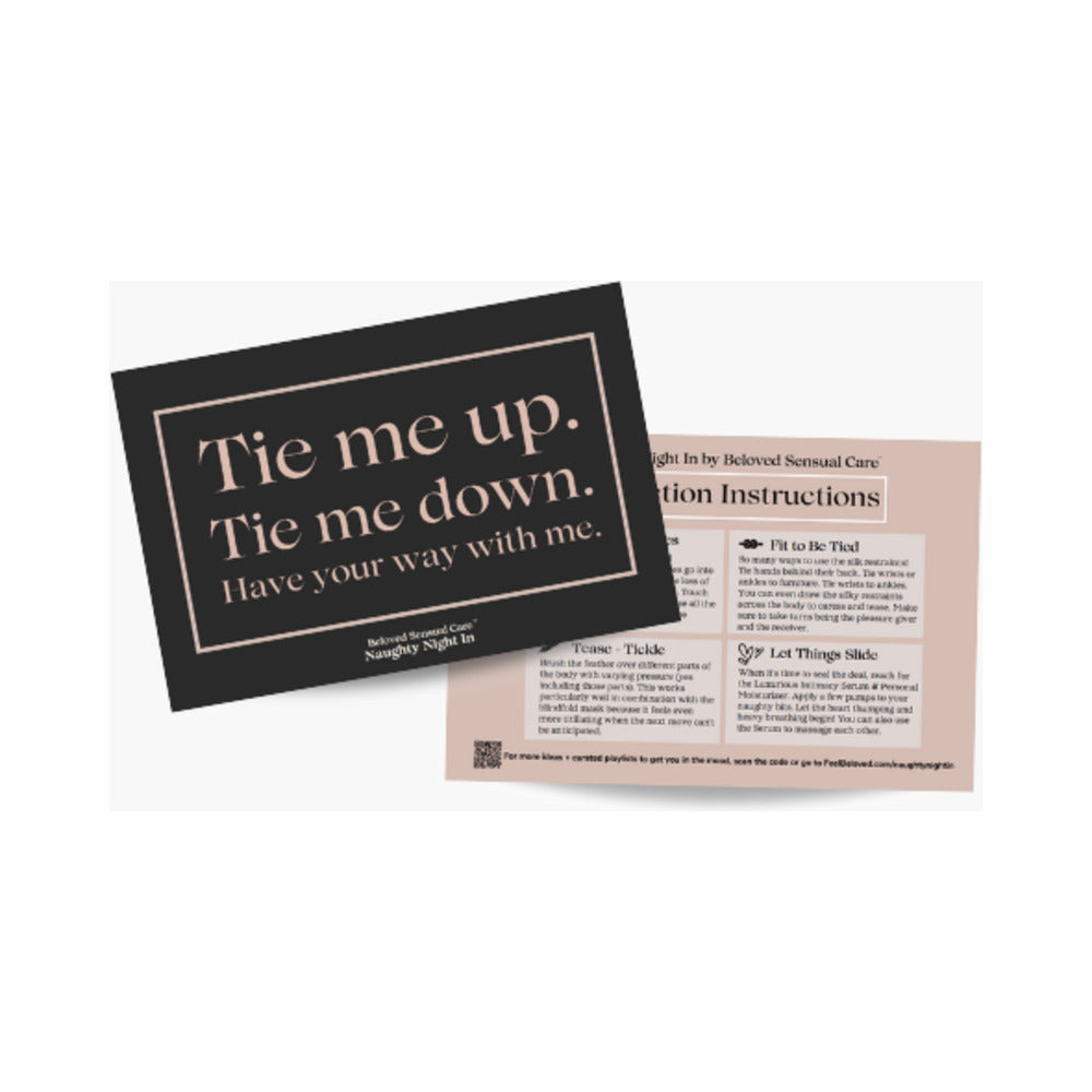 Instruction cards from the Beloved Naughty Night In Gift Set featuring playful prompts for an exciting night in.