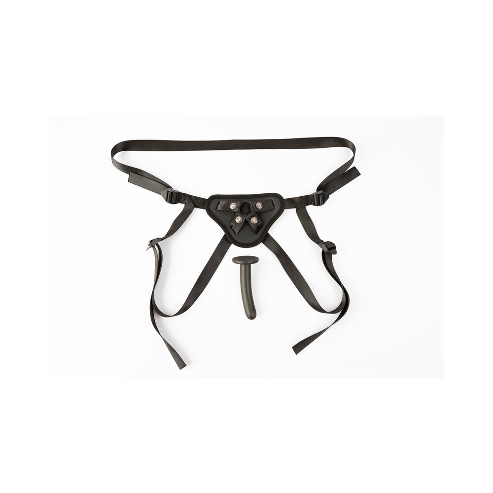 SEI MIO Perfectly Pegged Beginners Strap-On Harness & 5 inch Dildo set including adjustable harness and slim silicone dildo.