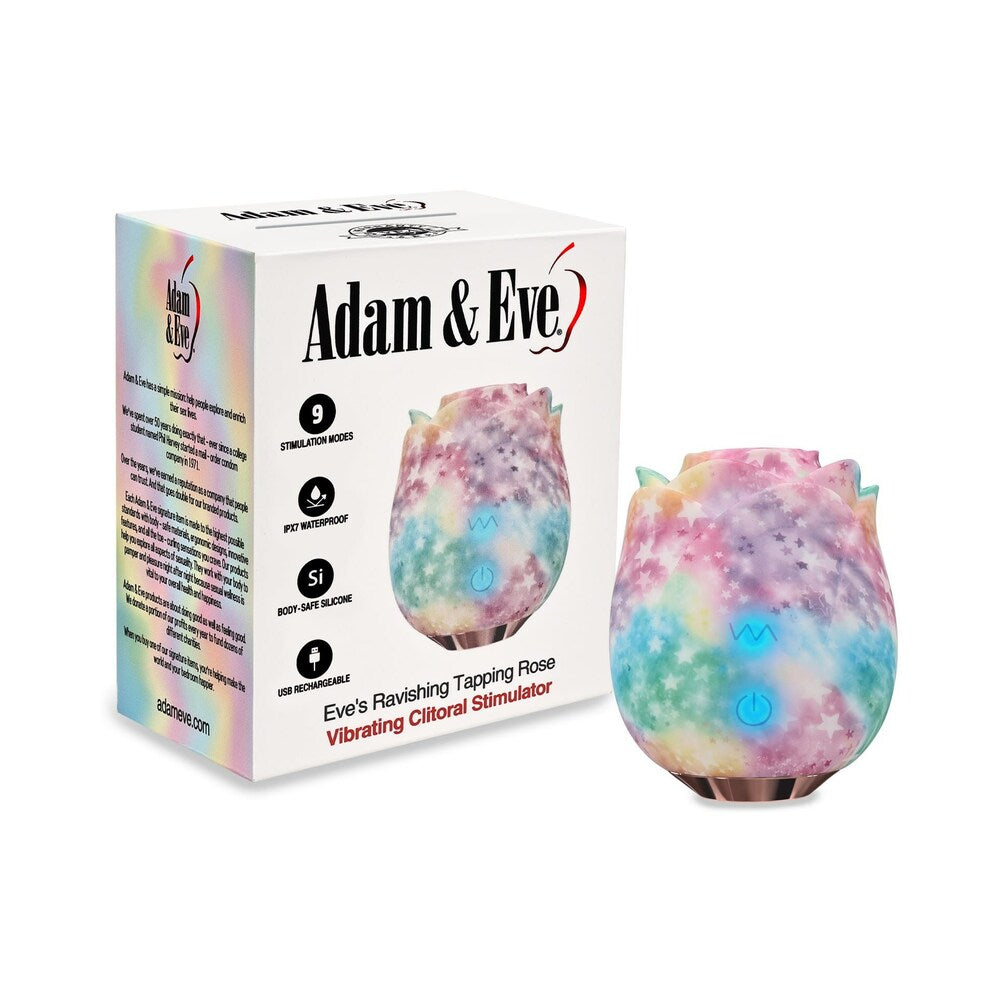 Adam & Eve Eves Ravishing Rose Tapping Clitoral Stimulator Rainbow in colorful packaging with product design.