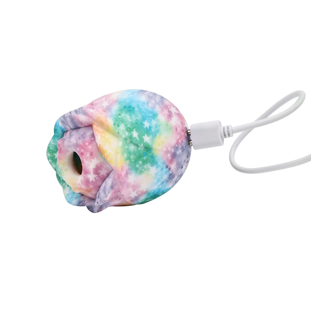 Adam & Eve Eves Ravishing Rose Tapping Clitoral Stimulator Rainbow with colorful galaxy finish and charging cable.